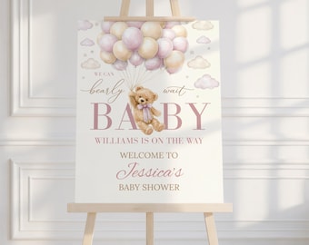 Letrero rosa de bienvenida para baby shower de niña / Plantilla editable de Canva para descarga instantánea