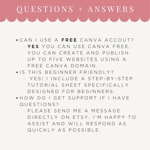 May include: A digital information graphic with a pink scalloped header titled QUESTIONS + ANSWERS. It lists three FAQs regarding Canva account usage, beginner friendliness, and support, providing clear text answers for each inquiry.