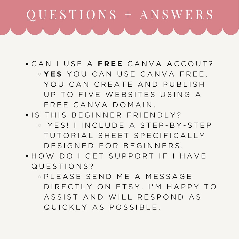 May include: A digital information graphic with a pink scalloped header titled QUESTIONS + ANSWERS. It lists three FAQs regarding Canva account usage, beginner friendliness, and support, providing clear text answers for each inquiry.