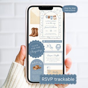 May include: A smartphone displays a baby shower invitation with a cowboy theme. The invitation features text that reads "A Little Cowboy is on the Way" and includes details like the date, time, and location. Additional elements include cowboy boots and a diaper raffle.