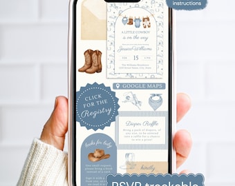 Invitación para baby shower con temática vaquera y tendedero, con confirmación de asistencia a través de la web / Invitación para niño de campo / Tema western, editable en Canva / Descarga digital