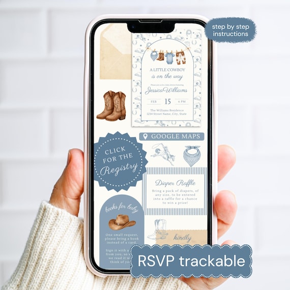 Cowboy Clothesline Baby Shower With RSVP Website Invite | Country Boy Invitation | Western Theme Editable Canva | Digital Download