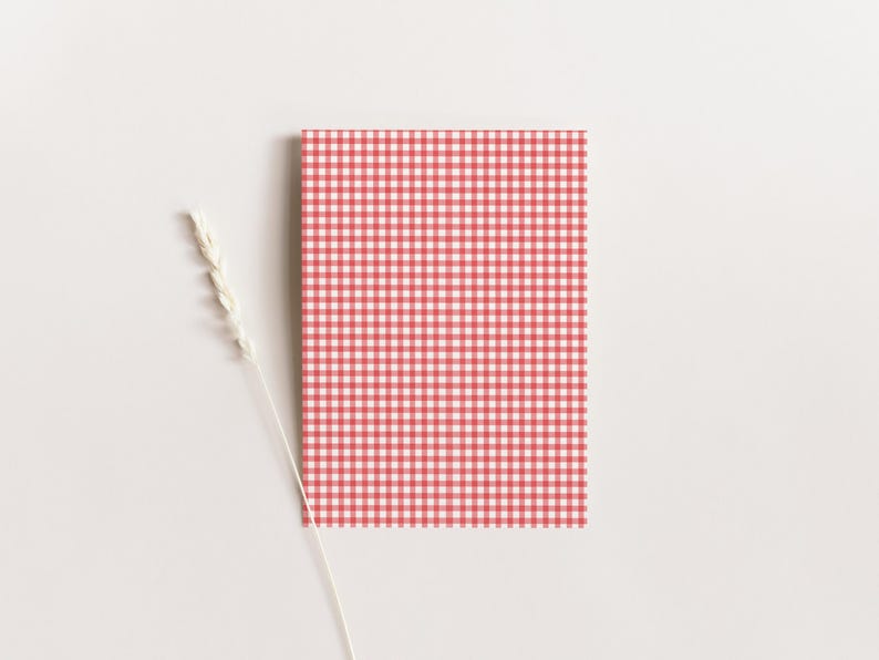 Pu&ograve; includere: Un taccuino rettangolare con un motivo a quadretti vichy rosso e bianco. Uno stelo di pianta beige secco &egrave; posizionato a sinistra del taccuino su uno sfondo bianco. Il taccuino ha un design classico.
