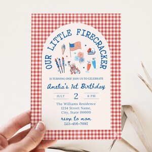 4th of July Birthday Invitation | American Girl Birthday Patriotic | Red Gingham Little Firecracker Invite | Editable Canva Digital Download