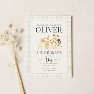 Farm second birthday invitation featuring soft watercolor barn animals including cow, sheep, pig, and chicken, set on a light blue gingham background with a clean neutral layout, perfect for a boy’s barnyard or farm-themed birthday party.
