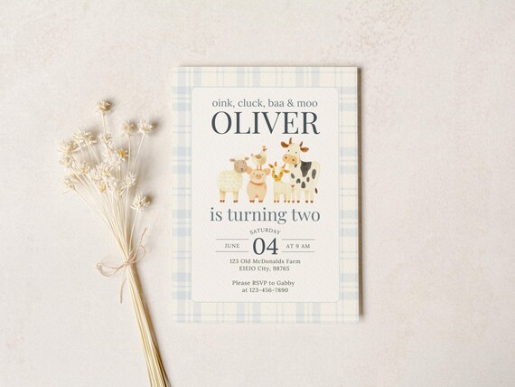 Farm 2nd Birthday Invitation | Boy Barnyard Farm Animals Invite | Blue Gingham Second |Editable Canva Digital Download | T4WR