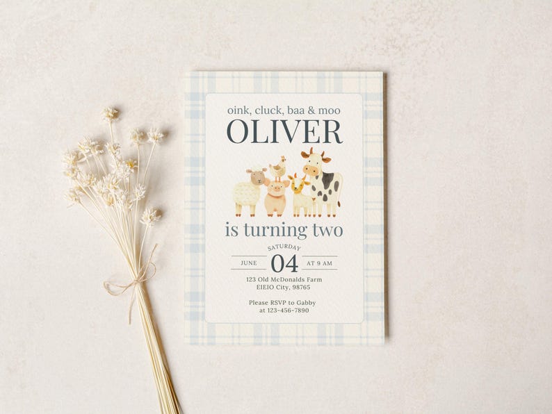 Farm second birthday invitation featuring soft watercolor barn animals including cow, sheep, pig, and chicken, set on a light blue gingham background with a clean neutral layout, perfect for a boy’s barnyard or farm-themed birthday party.