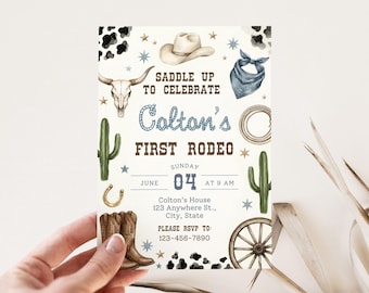 Eerste rodeo-verjaardagsuitnodiging | Westernthema jongen cowboy | 1e rodeo-uitnodiging | Bewerkbare canvassjabloon Digitale download Wild West Country