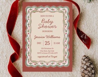 Christmas Baby Shower Invitation, Editable Vintage Merry Little Canva Invite, Whimsical Digital Download