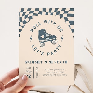 May include: A cream-colored party invitation with a retro roller skate graphic. The text reads "Roll with us, Let's Party" and "Summit's Seventh". Includes date, time, and RSVP information. The background has a blue and white checkered pattern.