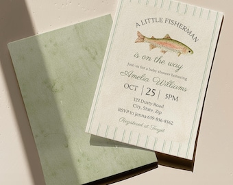Fishing Boy Baby Shower Invite, Fish Theme Editable Canva Template, Rustic Country Evite