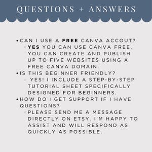 May include: A light beige graphic with the text "QUESTIONS + ANSWERS" in a dark blue banner. The text answers questions about using Canva, including whether it's beginner-friendly and how to get support.