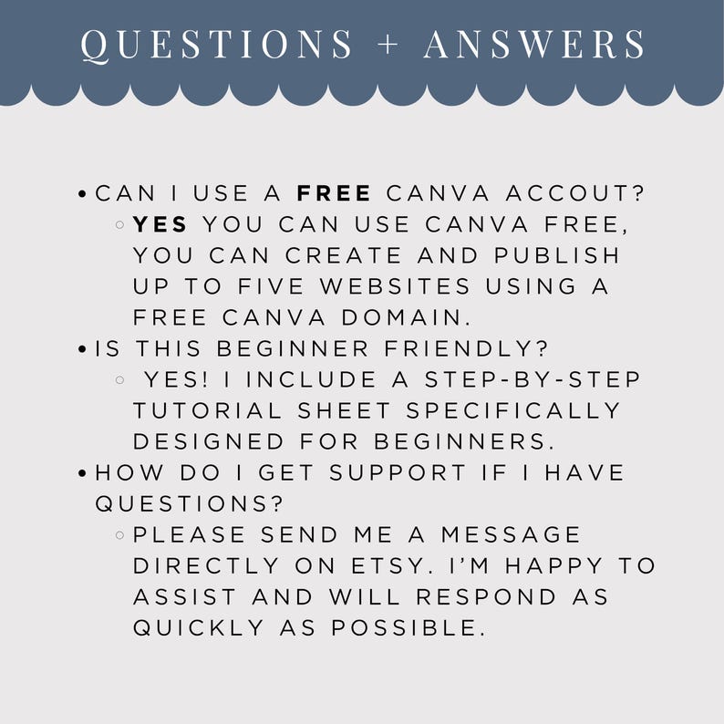May include: A light beige graphic with the text "QUESTIONS + ANSWERS" in a dark blue banner. The text answers questions about using Canva, including whether it's beginner-friendly and how to get support.