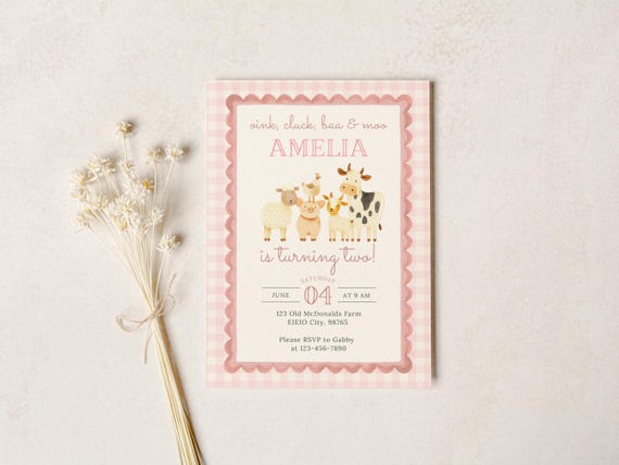 Pink Farm Birthday Invitation | Girl Barnyard Party Animal Invite | Farm Theme 2nd Birthday Digital Canva Template | Instant Download | b6q4