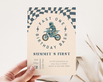 Dirt Bike Invite | Motorcycle Motocross Party Invitation Editable Canva Template | Fast One 1st Birthday Printable | W1D6