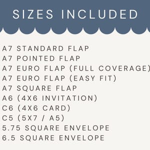 Pu&ograve; includere: Un grafico color crema elenca varie dimensioni di buste e biglietti, tra cui A7, A6, C6 e C5, con opzioni di patta e busta. Il testo "SIZES INCLUDED" &egrave; in alto in un banner blu scuro con un bordo smerlato.