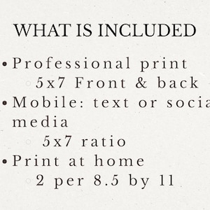 Puede incluir: Texto sobre un fondo crema: &laquo;QU&Eacute; INCLUYE&raquo;. La lista incluye: impresi&oacute;n profesional, 5x7 frontal y posterior; m&oacute;vil: texto o redes sociales; imprimir en casa, 2 por 8,5 x 11.