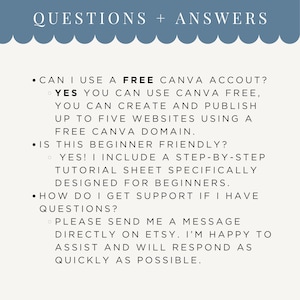 May include: A cream-colored graphic with the text "QUESTIONS + ANSWERS" in a blue banner. The text answers questions about using Canva, including beginner-friendly tutorials and Etsy support.