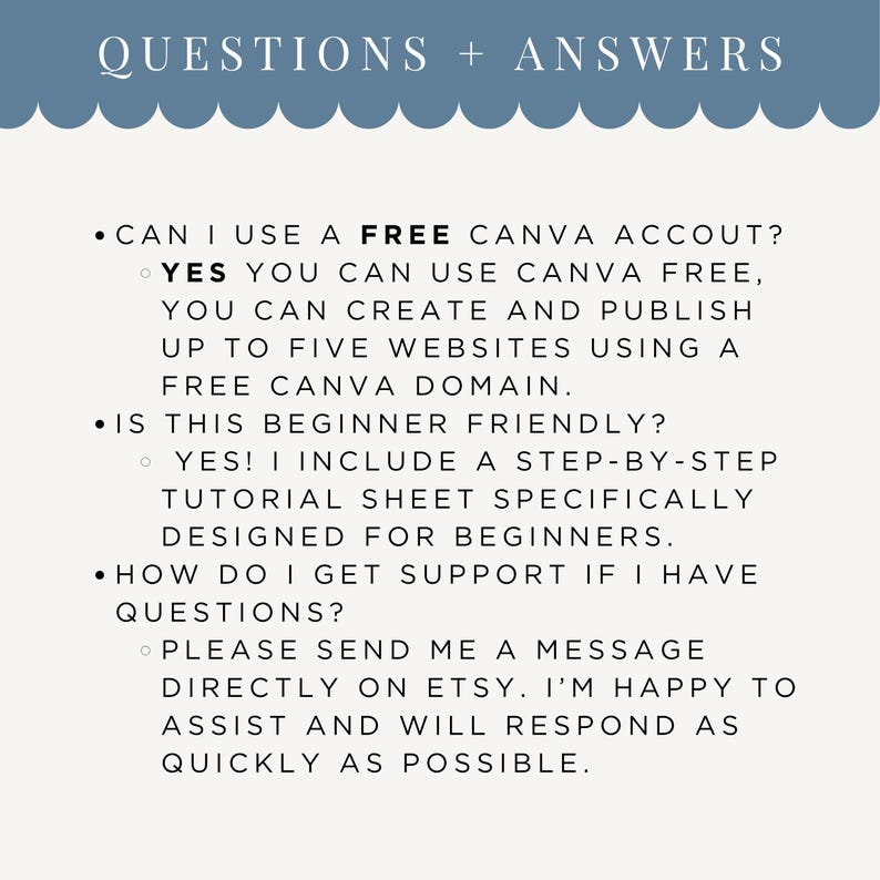 May include: A cream-colored graphic with the text "QUESTIONS + ANSWERS" in a blue banner. The text answers questions about using Canva, including beginner-friendly tutorials and Etsy support.