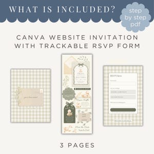 May include: A digital Canva website invitation with a trackable RSVP form. The design includes three pages with a gingham pattern, featuring text like "What is Included?" and "RSVP Here." The invitation includes a "Save the Date" card.