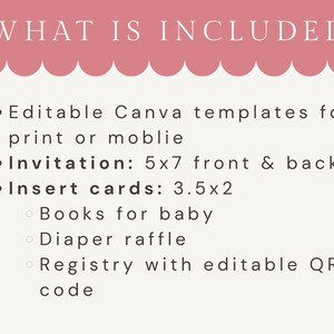 Puede incluir: Gr&aacute;fico color crema con el texto "WHAT IS INCLUDED" en blanco. El texto enumera plantillas editables de Canva, una invitaci&oacute;n de 5x7 y tarjetas de inserci&oacute;n de 3,5x2. Incluye libros para beb&eacute;s, rifa de pa&ntilde;ales y registro con c&oacute;digo QR.