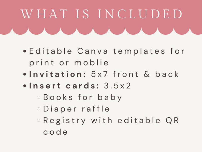 Puede incluir: Gr&aacute;fico color crema con el texto "WHAT IS INCLUDED" en blanco. El texto enumera plantillas editables de Canva, una invitaci&oacute;n de 5x7 y tarjetas de inserci&oacute;n de 3,5x2. Incluye libros para beb&eacute;s, rifa de pa&ntilde;ales y registro con c&oacute;digo QR.