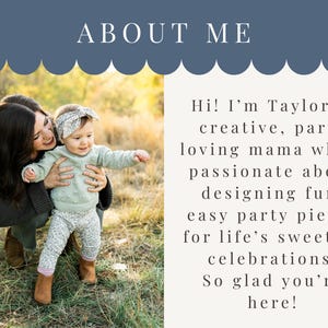 About me section for an Etsy shop introducing Taylor, a creative party-loving mom who designs simple, fun Canva party invitations and celebration templates.