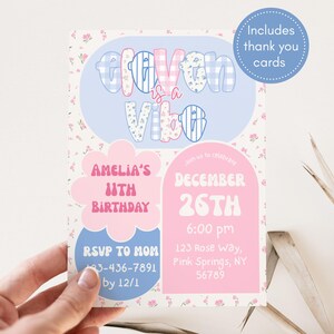 Editable Canva preppy floral 11th birthday invitation and thank-you card bundle featuring pastel flowers, gingham pattern, and modern preppy aesthetic. Includes 5x7 invitation and coordinating thank-you card, digital download, perfect for tween girls’ birthday parties.