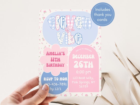 11th Birthday Girl Invitation | Preppy Floral Canva Template | Editable Party Bundle | Pastel Gingham Invite | Digital Download