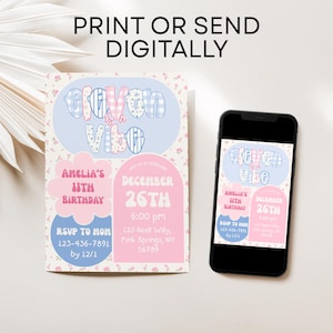 Printed and digital mockup of preppy floral 11th birthday invitation bundle, showing editable Canva templates on phone and printed paper. Features pastel gingham and soft floral accents for trendy tween girls’ birthday parties.