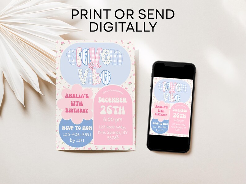 Printed and digital mockup of preppy floral 11th birthday invitation bundle, showing editable Canva templates on phone and printed paper. Features pastel gingham and soft floral accents for trendy tween girls’ birthday parties.