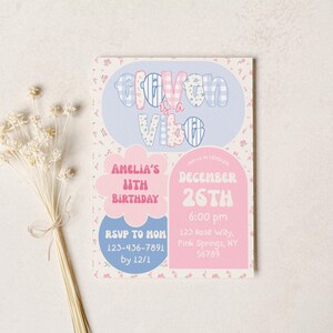 May include: A birthday invitation with the text "Eleven is a Vibe" in blue and pink. The invitation includes the details for Amelia's 11th birthday on December 26th at 6:00 PM. RSVP information is also included.