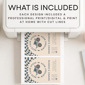 May include: A printer is shown printing two invitation cards. The cards have a tan background with a blue and white checkered pattern on the left side. The text on the card reads "FOUR SPEED BIRTHDAY BASH" and "SUMMIT'S FOURTH".