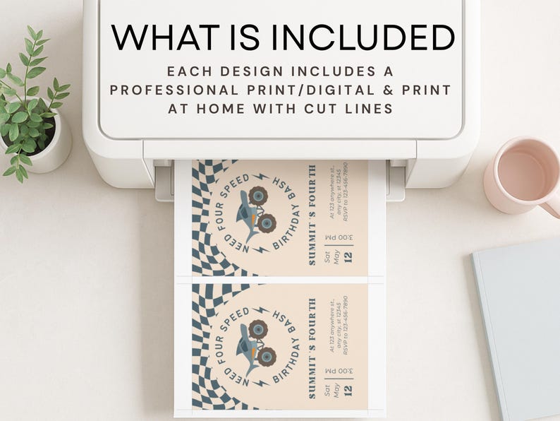 May include: A printer is shown printing two invitation cards. The cards have a tan background with a blue and white checkered pattern on the left side. The text on the card reads "FOUR SPEED BIRTHDAY BASH" and "SUMMIT'S FOURTH".