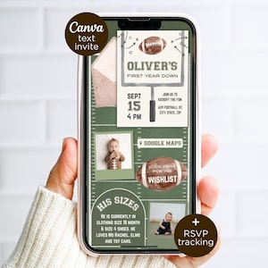 May include: A digital football-themed birthday invitation displayed on a smartphone screen. The design features a goalpost, a football, and text reading Oliver's First Year Down, Sept 15, 4 PM, and Join Us To Kickoff The Fun, with photo placeholders.