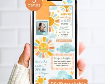 Digital Gender Neutral Sunshine Baby Shower Invitation with RSVP & Registry Links, Boho Sun Canva Template Text Invite
