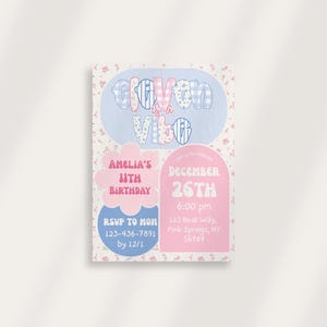 May include: A party invitation with a floral background and the text "Groovin' is a Vibe." It includes details for Amelia's 11th birthday on December 26th at 6:00 pm, with an RSVP by December 1st.