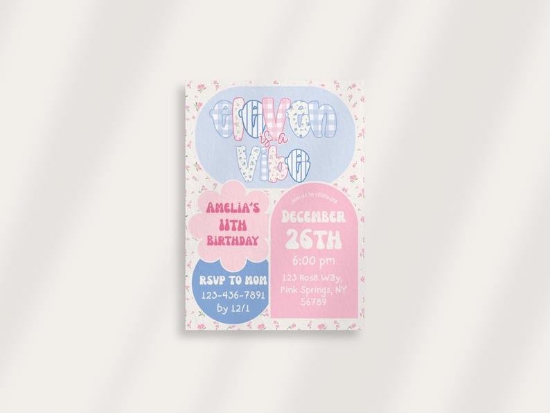 May include: A party invitation with a floral background and the text "Groovin' is a Vibe." It includes details for Amelia's 11th birthday on December 26th at 6:00 pm, with an RSVP by December 1st.