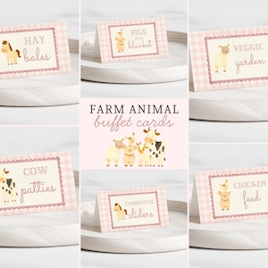 Barnyard Birthday Food Tent Cards | Pink Barnyard Buffet Template | Gingham Editable Farm Animals Food Labels Canva | b6q4