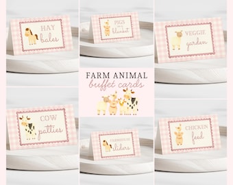 Barnyard Geburtstagskuchen-Zeltkarten | Rosa Barnyard Buffet Vorlage | Gingham bearbeitbar Bauernhof Tiere Lebensmitteletiketten Canva | b6q4