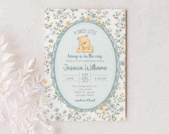 Classic Bear Baby Shower Invitation for Boy, Editable Vintage Canva Invite, Digital Download