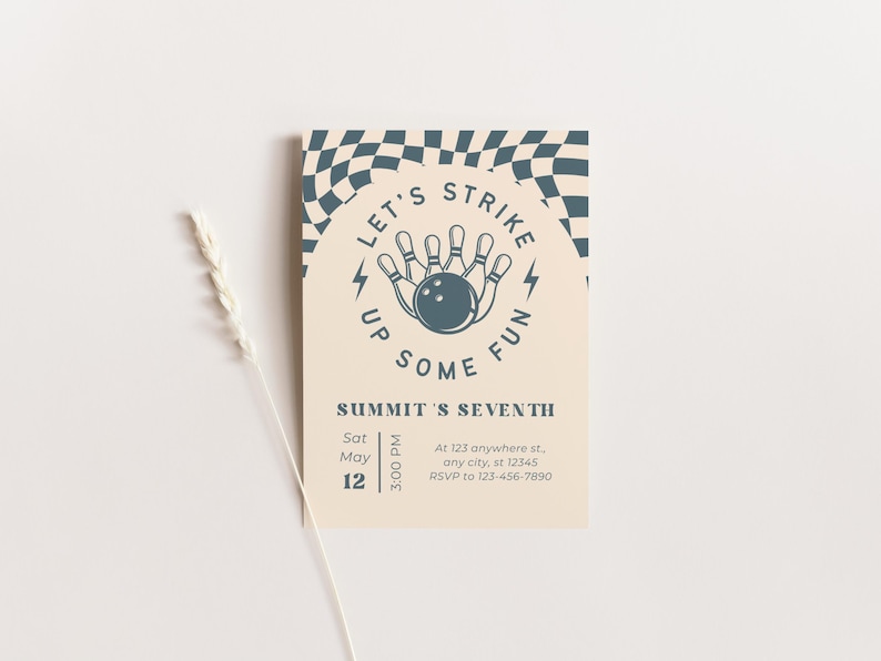 May include: A cream-colored invitation card with a bowling theme. The card features the text "LET'S STRIKE UP SOME FUN" around a bowling pin and ball graphic. The text "SUMMIT'S SEVENTH" is also present, along with event details.