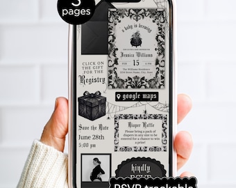 Digital Goth Baby Shower Invitation with RSVP & Registry Links, Spooky Witch Gothic Canva Template Text Invite
