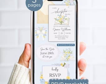 Digital New Chapter Begins Bridal Shower Invitation with RSVP & Registry Links, Book Lover Canva Template Text Invite