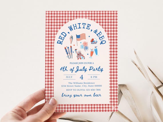 4th of July Barbeque Invitation | July Fourth BBQ Invite | American Flag | Red White Blue | Patriotic | Editable Canva Digital Template