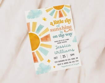 Sunshine Baby Shower Invitation, Sun Gender Neutral Invite Editable on Canva, Digital Download