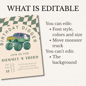 May include: A birthday invitation with a monster truck illustration. The invitation features a purple and green monster truck with a ghost graphic. The text reads "Birthday Digger" and "Summit's Third". The invitation includes editable font style, colors, and size.