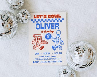 Invitación para fiesta de bolos infantil / Invitación para fiesta de pizza infantil / Descarga instantánea de plantilla editable de Canva para bolos / 7b23