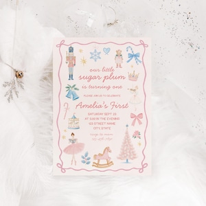 May include: A rectangular invitation card with a light pink background and a pink rope border. It features watercolor illustrations of a nutcracker, snowflake, teddy bear, candy cane, crown, carousel, ballerina, rocking horse, and Christmas tree.