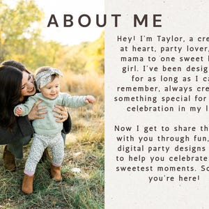 May include: A woman holds a baby in a field. The baby wears a floral headband, a light green sweater, and patterned pants. The text "ABOUT ME" is at the top, with a description of the seller's background and business.